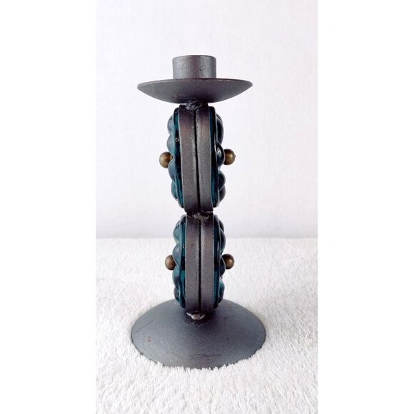 Candle Holder Stick Hand Blown Glass Forest Green Metal Gray India Boho Decor 7" - Picture 3 of 11